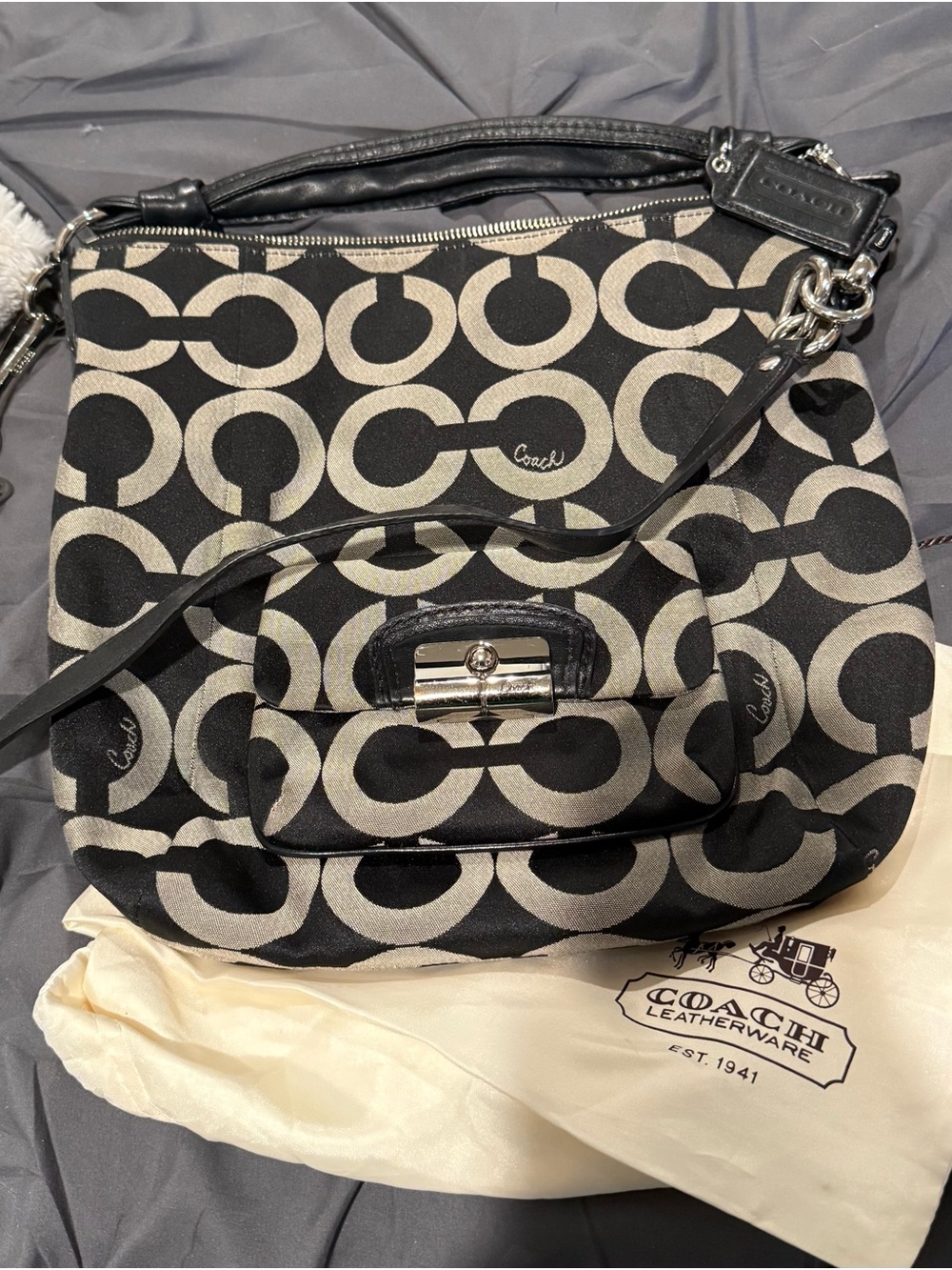 Coach Black & Cream Signature Circle-Print Shoulder Bag